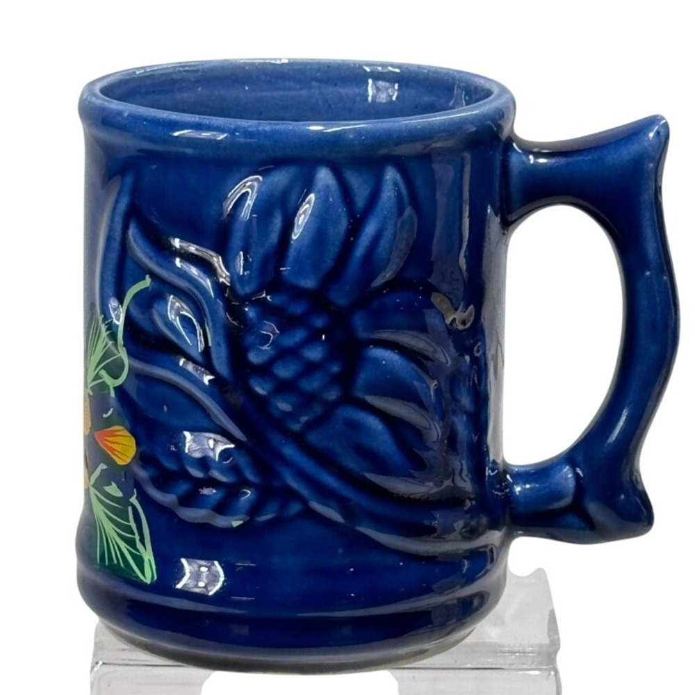 Vintage Unmarked California Pottery Cobalt Blue Mug with Sunflower Design‎